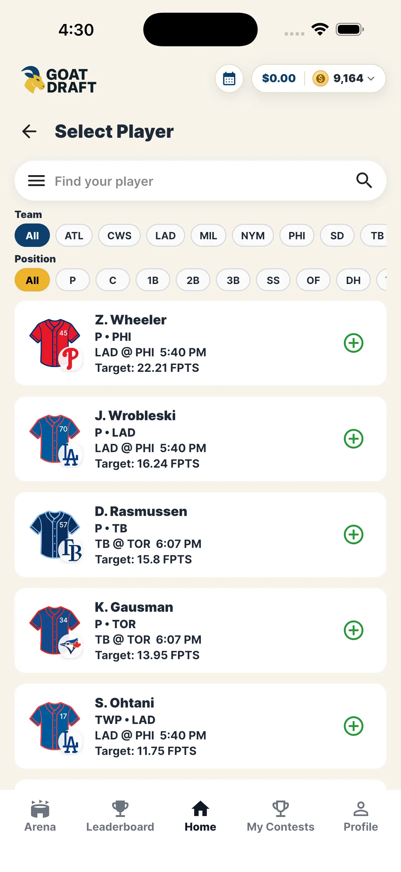 Building a lineup in the Goat Draft app