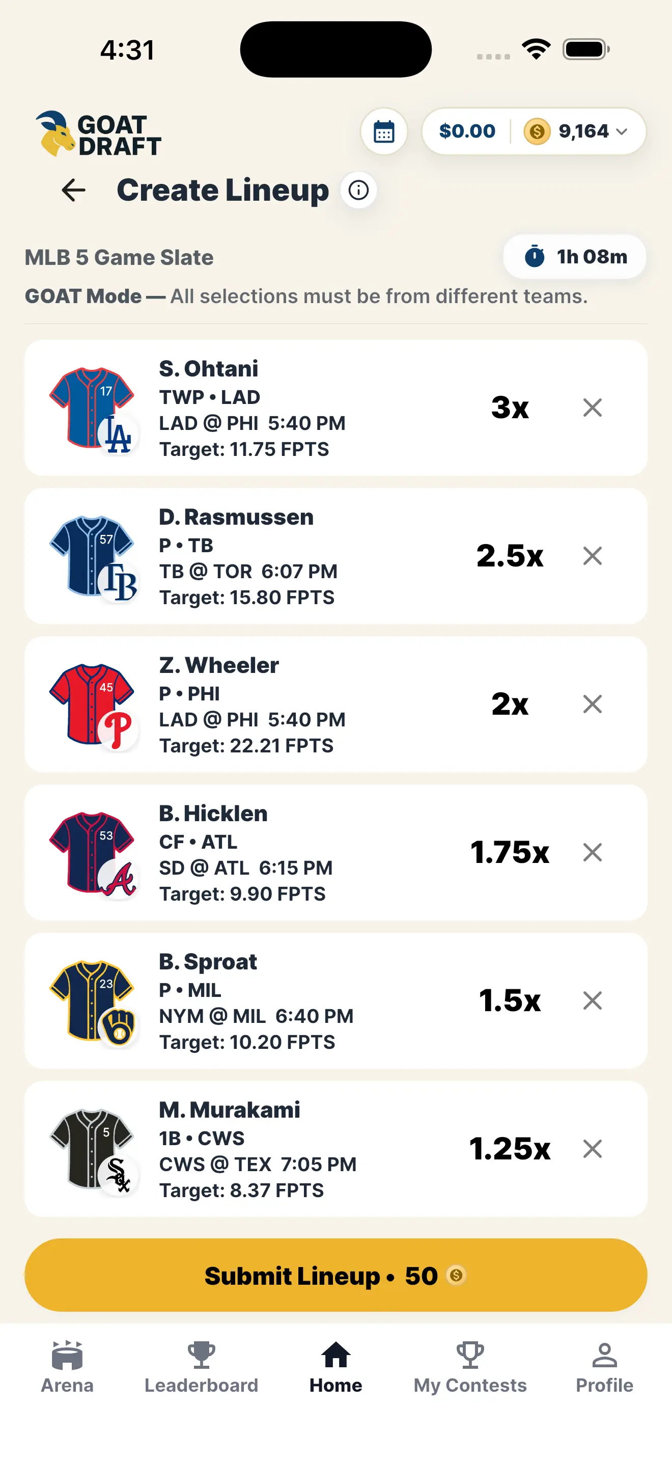 Submitting a lineup in the Goat Draft app
