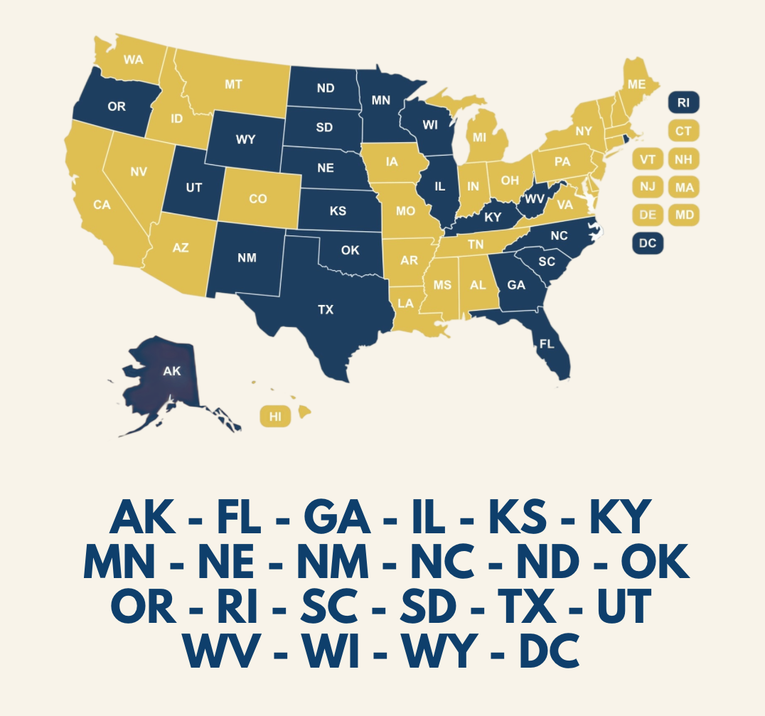 Map of the United States showing where Goat Draft is legal: AK, FL, GA, IL, KS, KY, MN, NE, NM, NC, ND, OK, OR, RI, SC, SD, TX, UT, WV, WI, WY, DC.